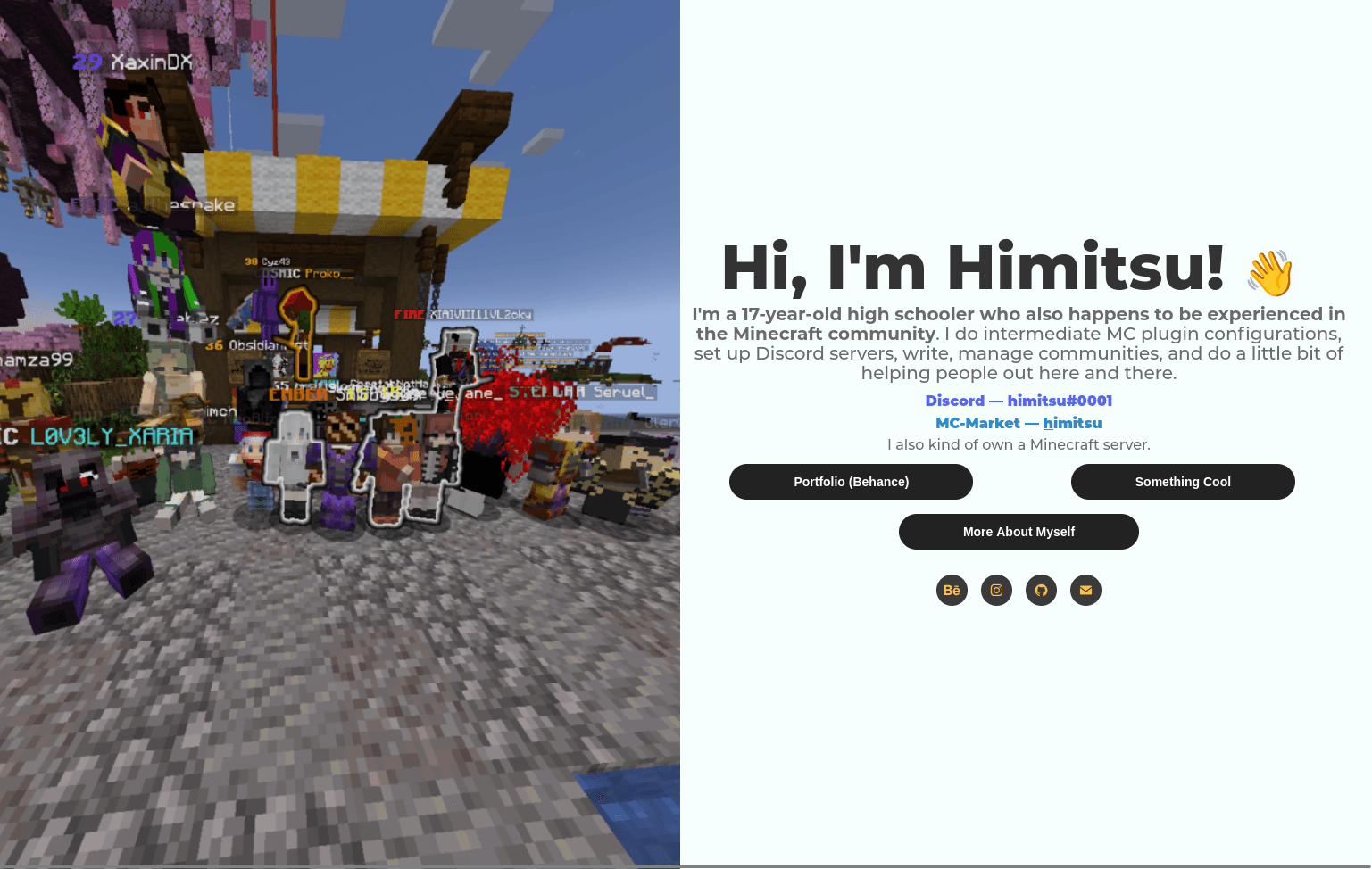 Himitsu portfolio landing page — split layout with Minecraft group photo and intro